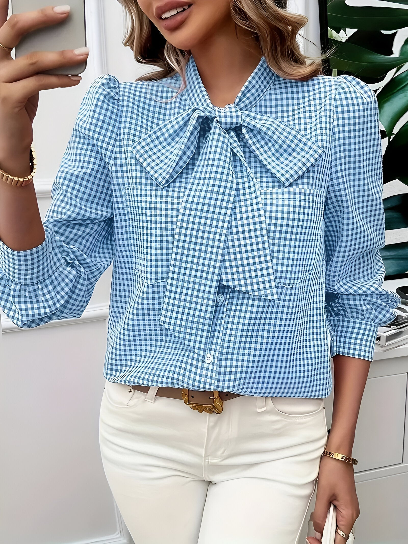 Women's Checked Tie-Neck Blouse