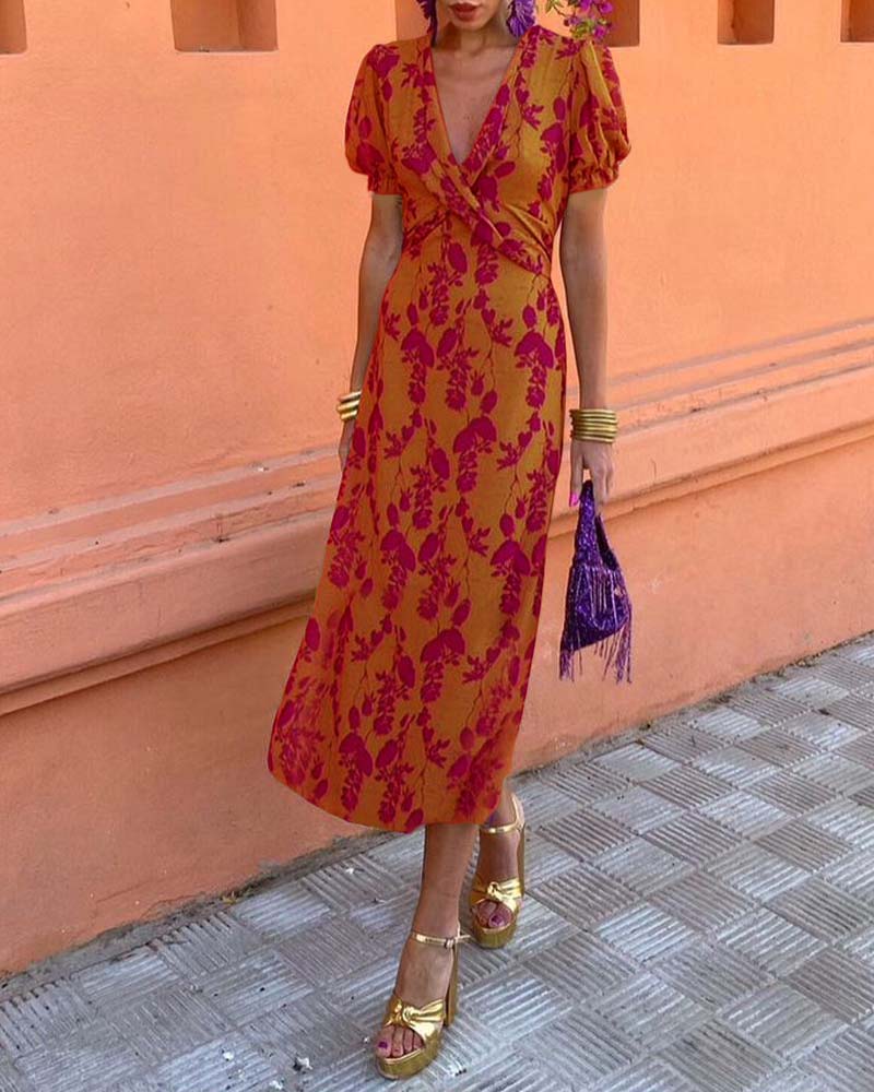 Floral Print Dress with V-neck