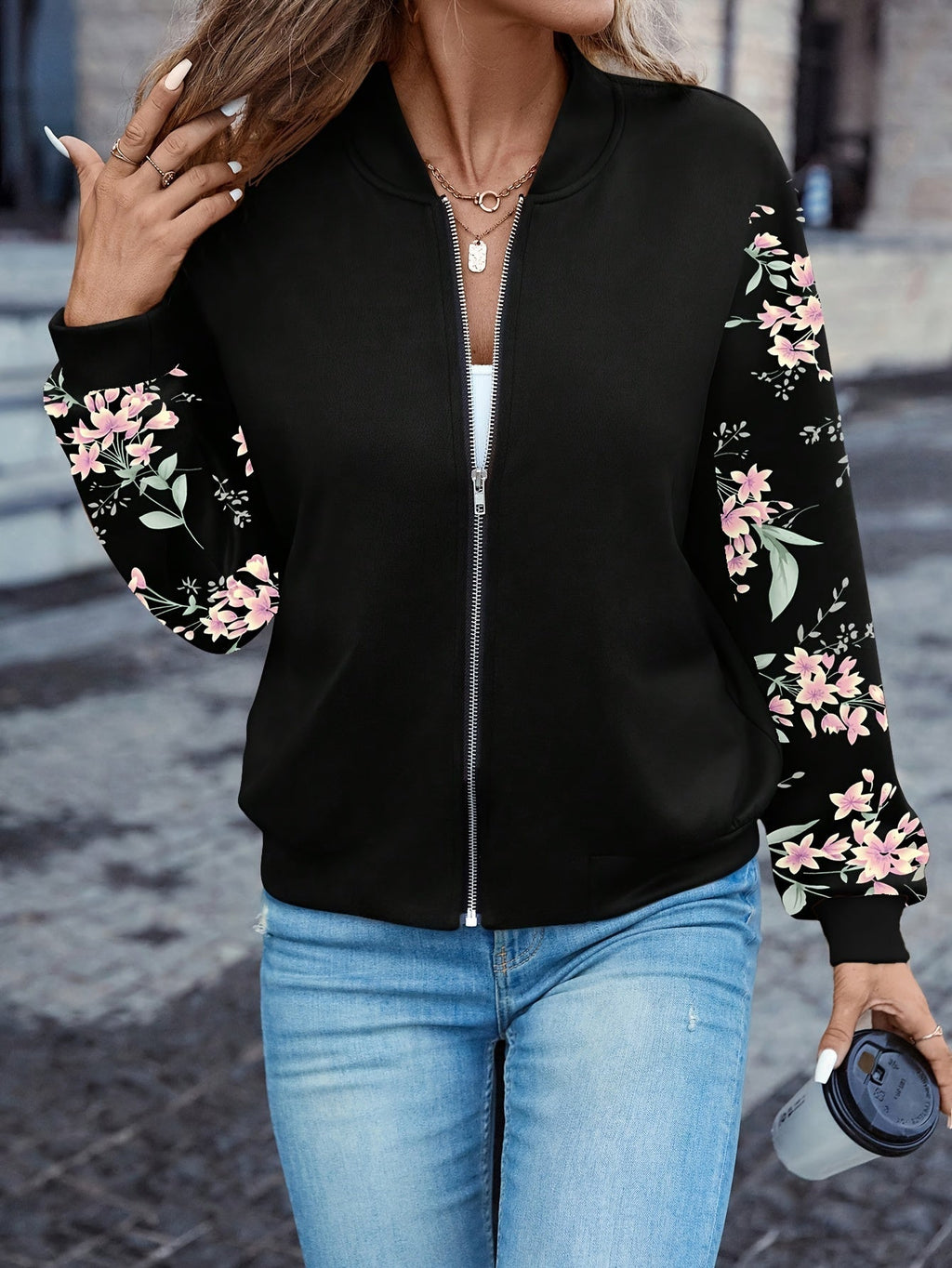 Trendy Floral Print Quilted Jacket