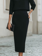 Women's Tailored Set – Top with Boat Neck and Midi Skirt for Casual Use