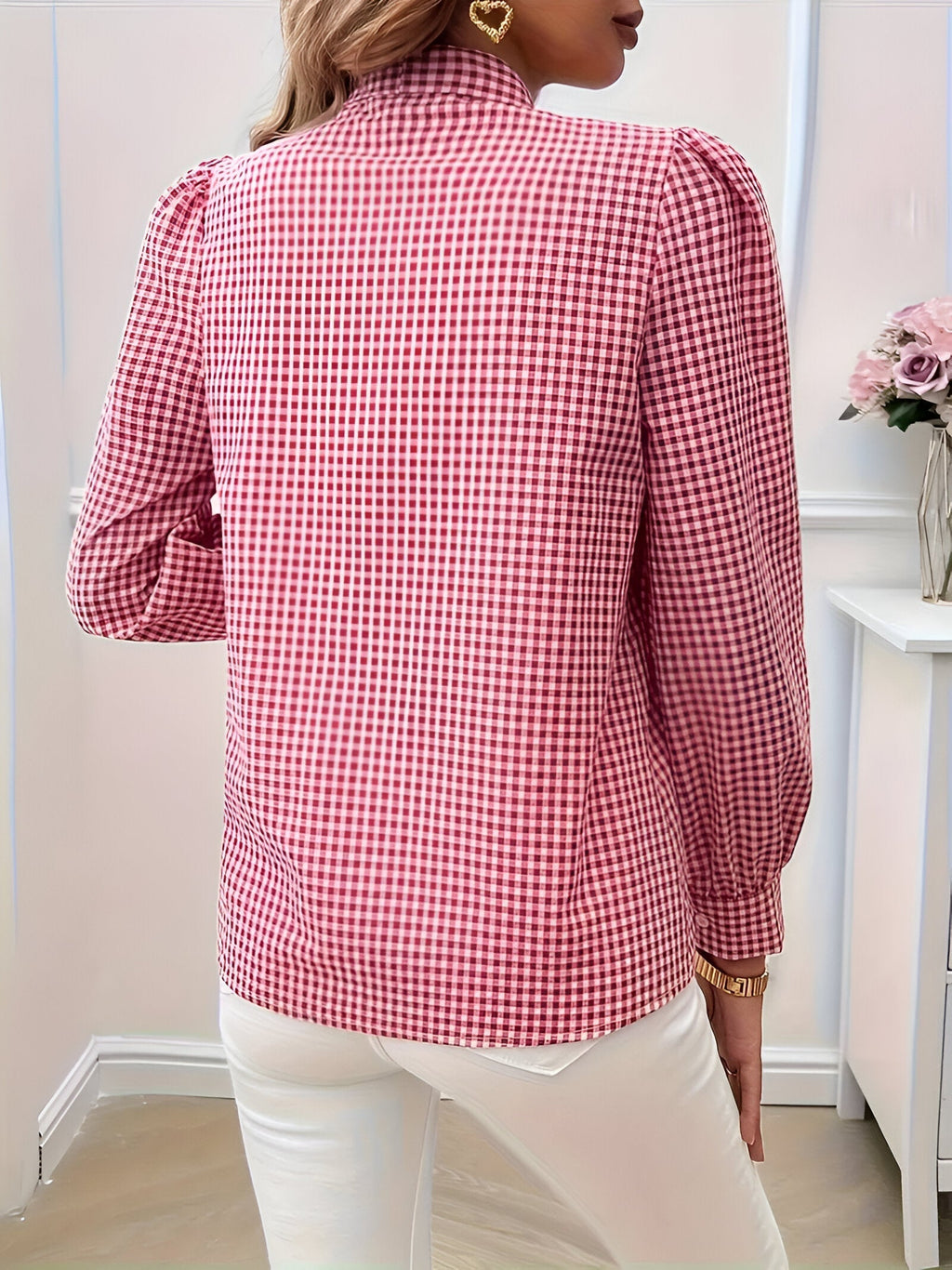 Women's Checked Tie-Neck Blouse