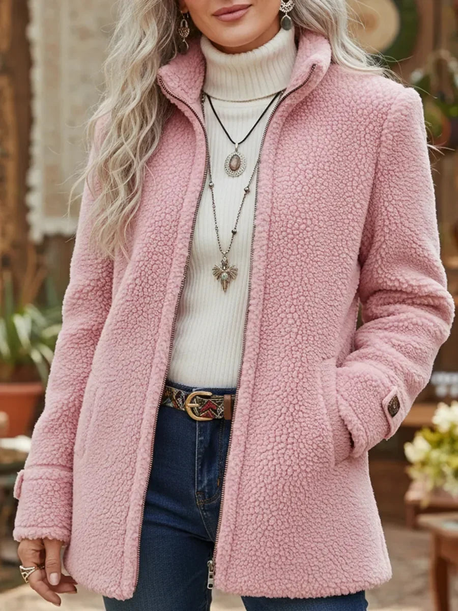 Stand-Collar Lambswool Zip Warm Jacket
