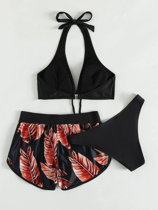 Ladies Three-Piece Bikini with Halter Top and Matching Shorts