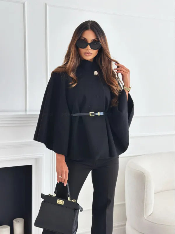 Women's Oversized Cotton Poncho with Turtle Neck