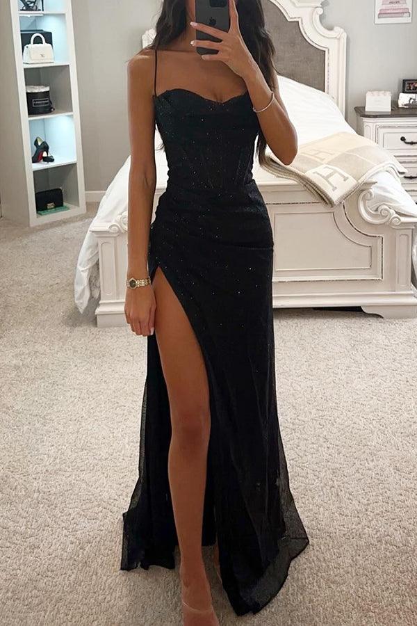 Women’s Sequin Maxi Dress – High Side Split – Sleeveless Evening Gown