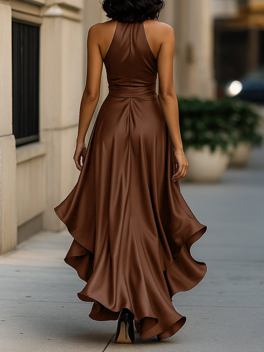 V-Neck Ruched Satin Maxi Gown for Women