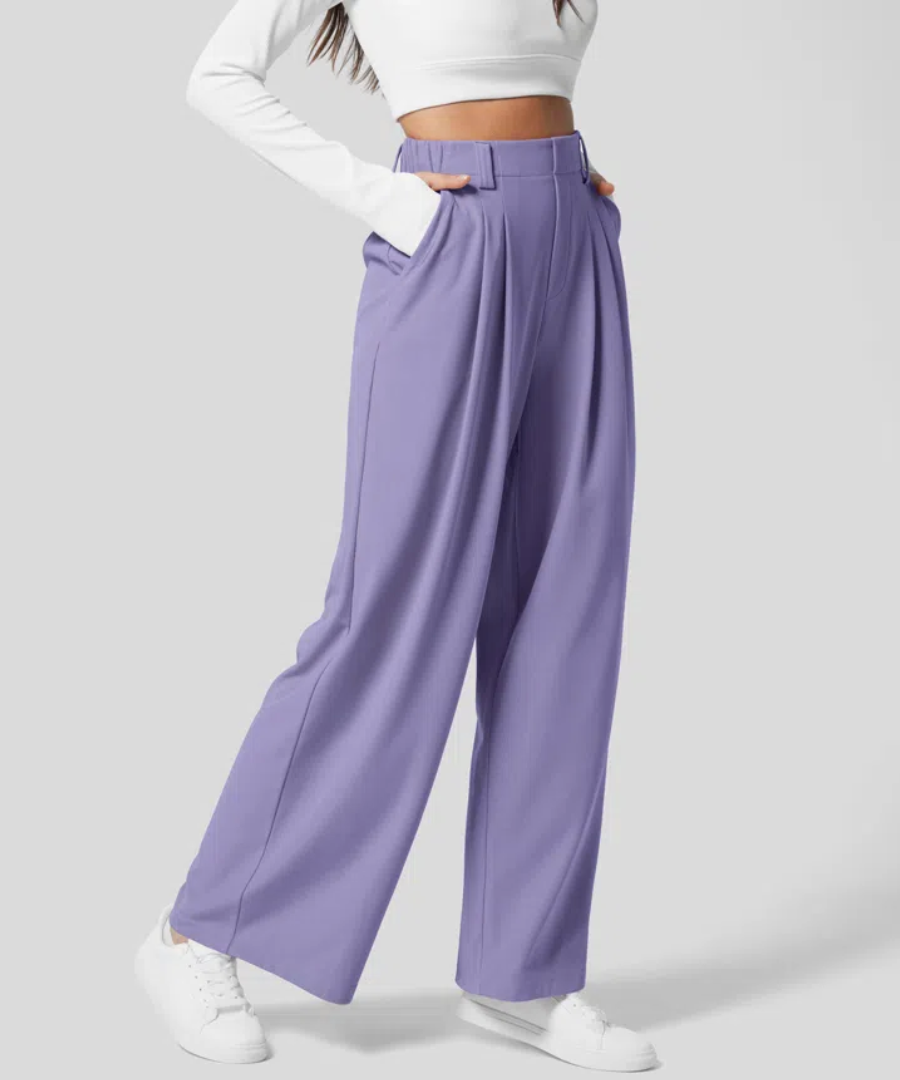 Ladies High Waist Elastic Trousers – Plain Casual Trousers for Daily Wear