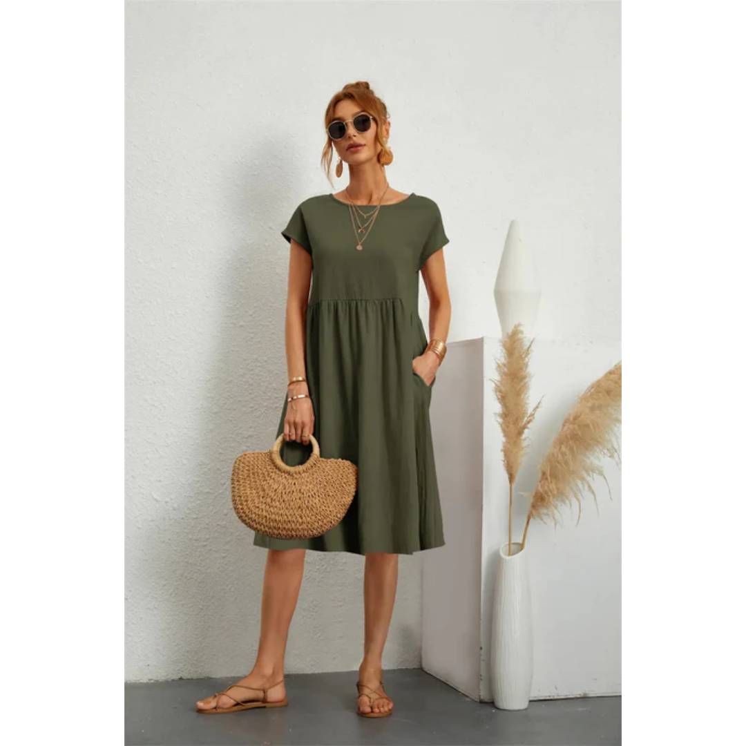 Cap Sleeve A-Line Midi Dress with Pockets Chic Dress