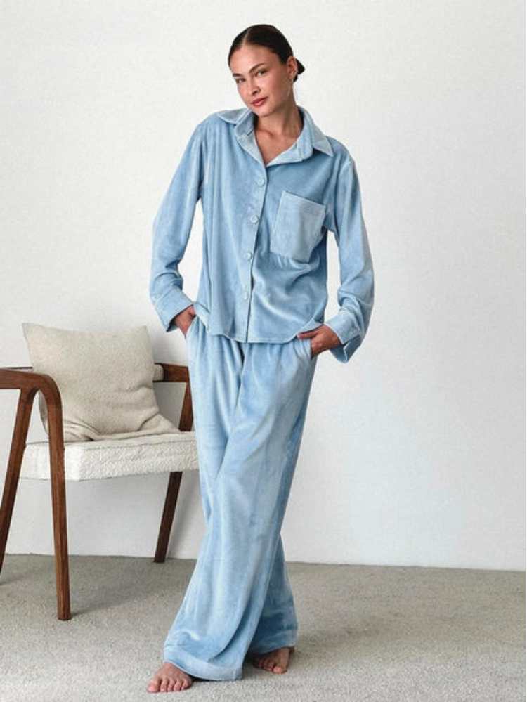 Women’s 2-Piece Pajama Set with Button-Up Shirt and Matching Trousers