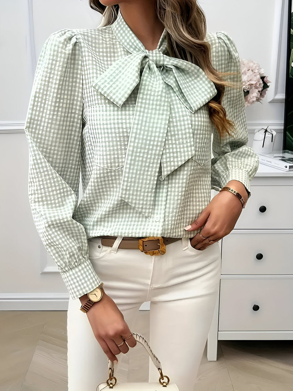 Women's Checked Tie-Neck Blouse