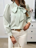 Women's Checked Tie-Neck Blouse