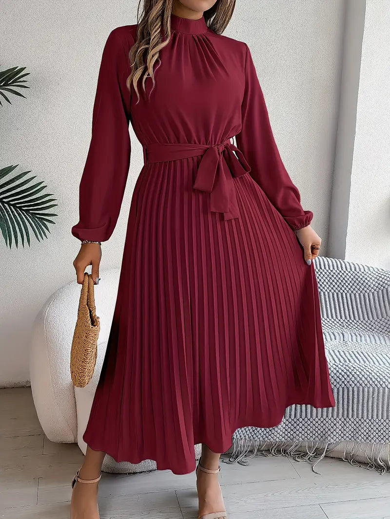 Women’s Pleated Midi Dress with Long Sleeves and Waist Belt