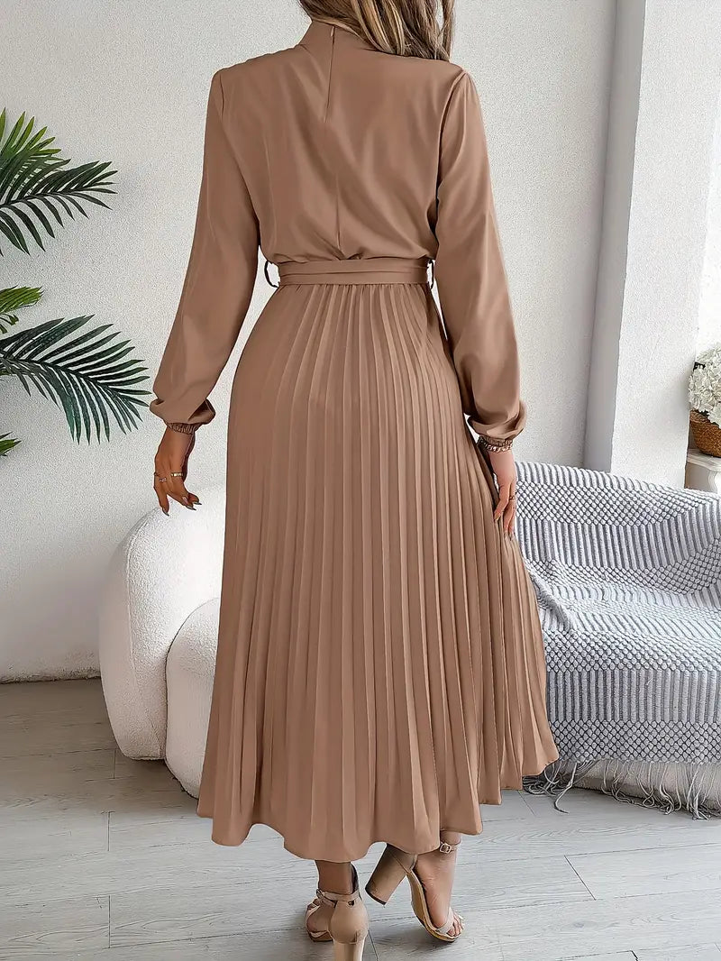 Women’s Pleated Midi Dress with Long Sleeves and Waist Belt