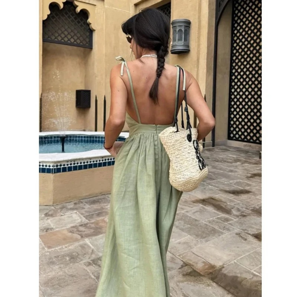 Women's Linen-Blend Tie-Shoulder Midi Dress