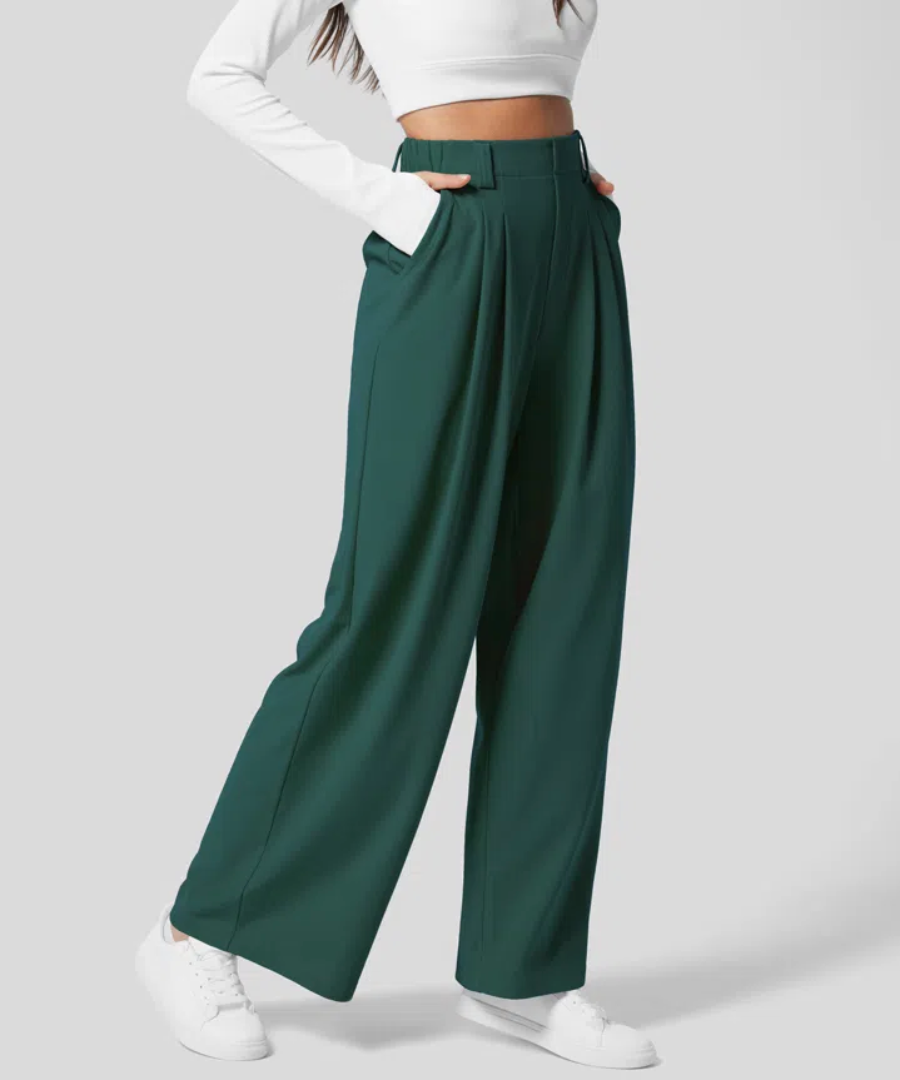 Ladies High Waist Elastic Trousers – Plain Casual Trousers for Daily Wear