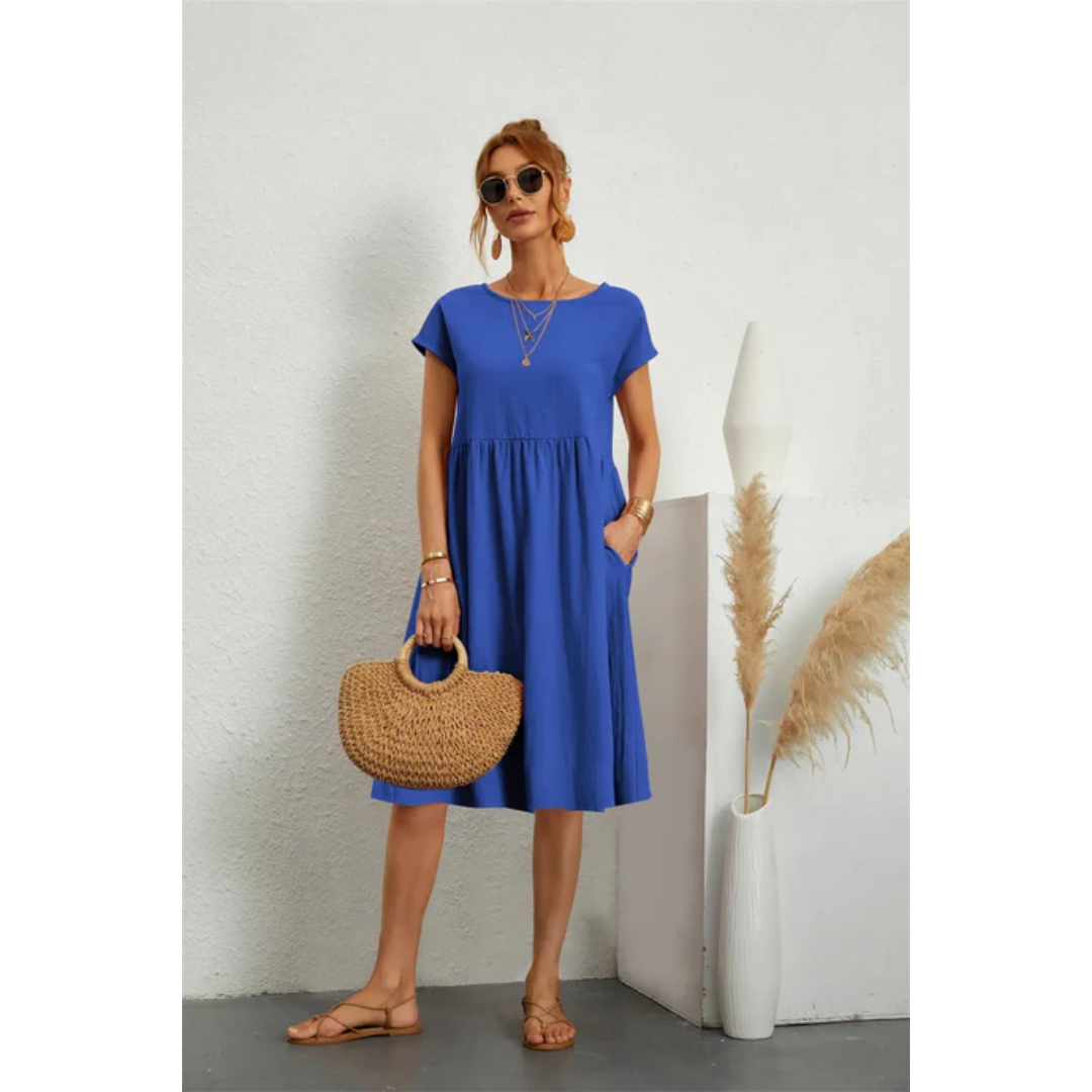 Cap Sleeve A-Line Midi Dress with Pockets Chic Dress