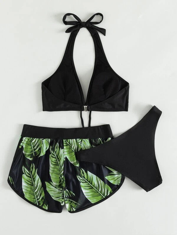 Ladies Three-Piece Bikini with Halter Top and Matching Shorts