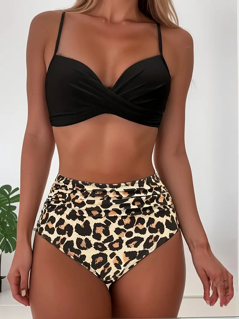 Women's Bikini Set - Tropical V-Neck Swimsuit with High Waist and Flattering Cut