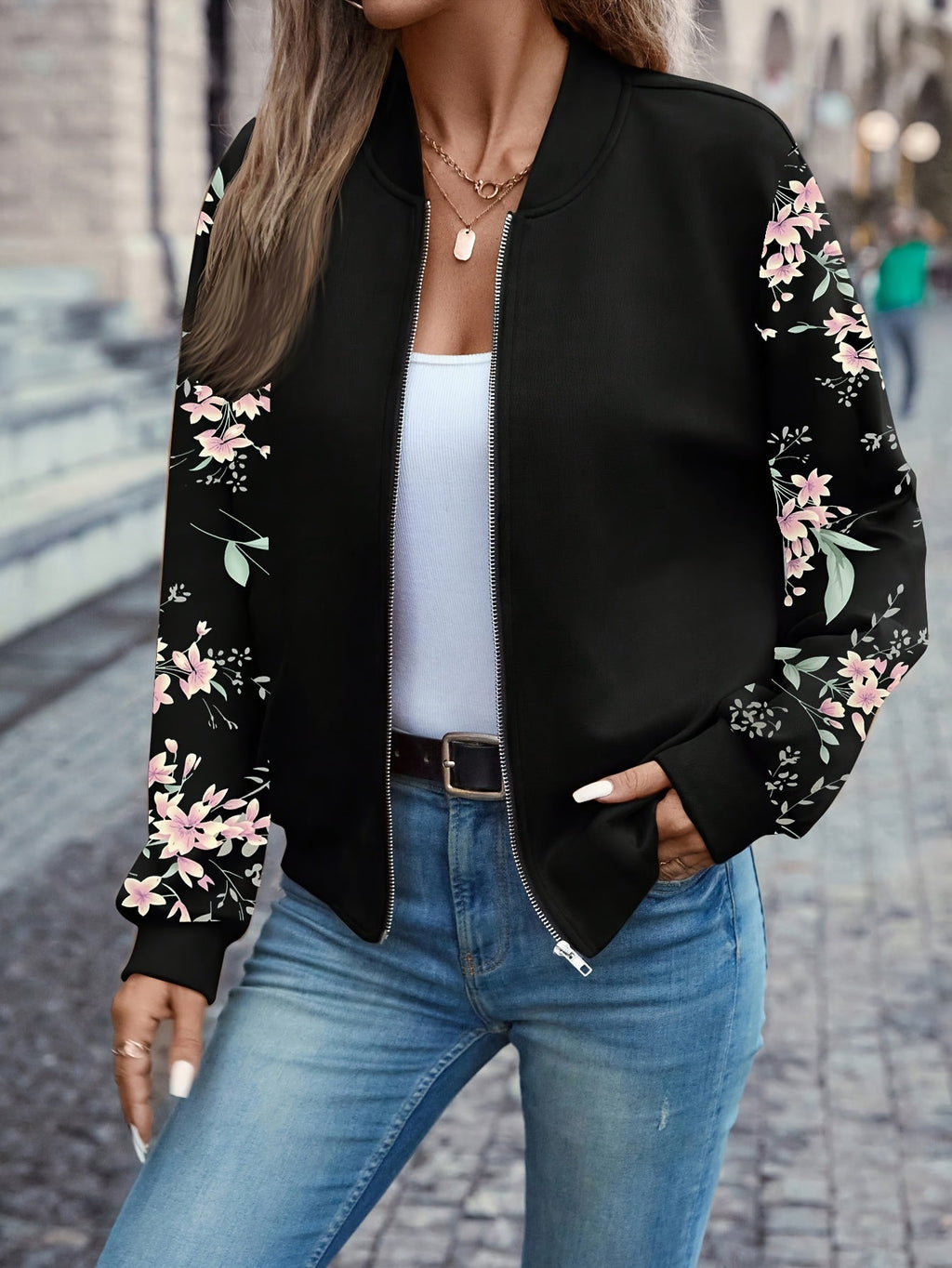 Trendy Floral Print Quilted Jacket