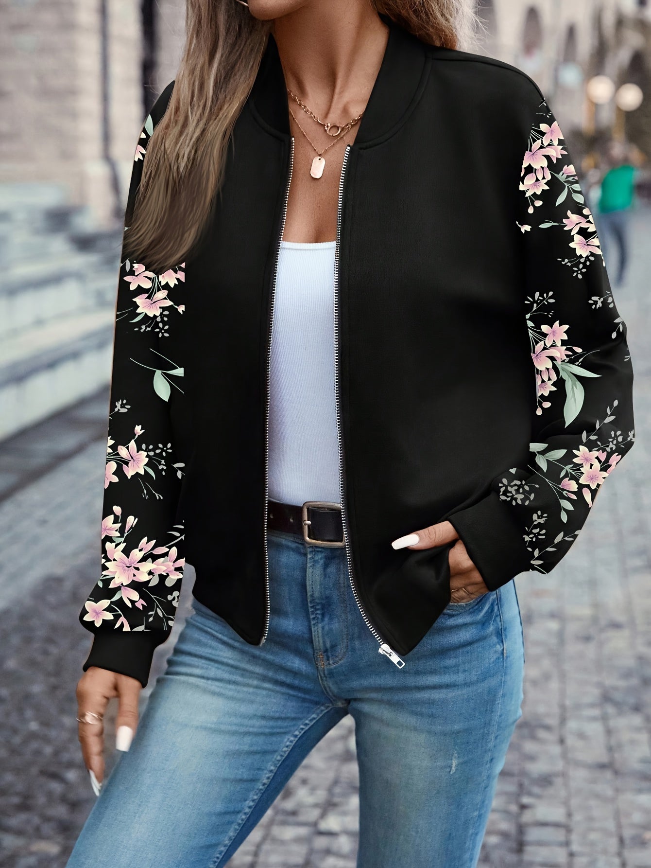 Trendy Floral Print Quilted Jacket