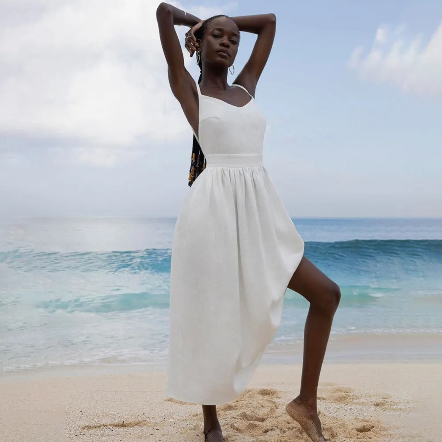 Women's Linen-Blend Tie-Shoulder Midi Dress
