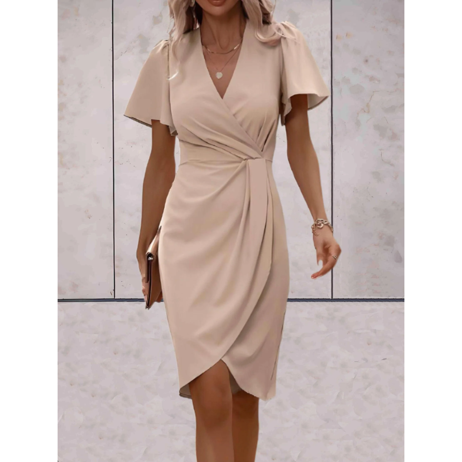 Women’s Short Sleeve Wrap Dress – V-Neck Midi Length