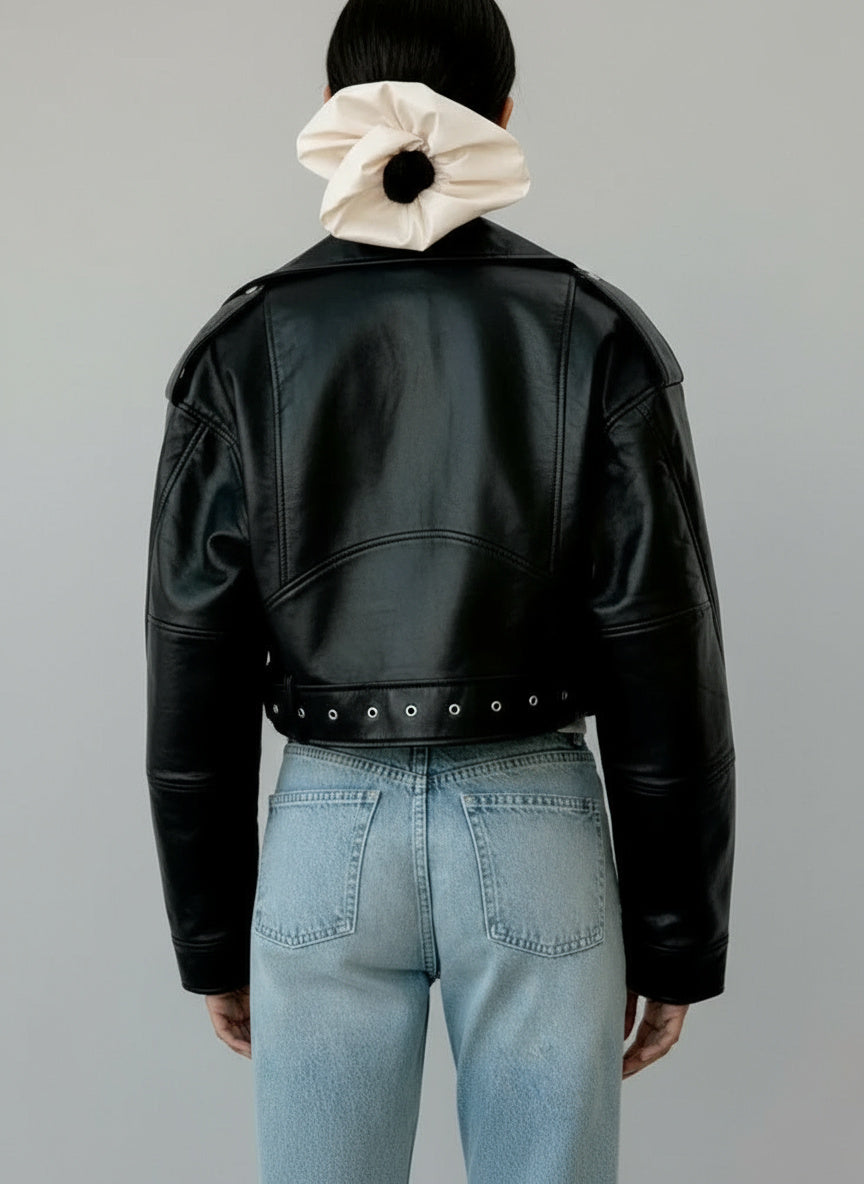 Short Belted Biker Leather Jacket