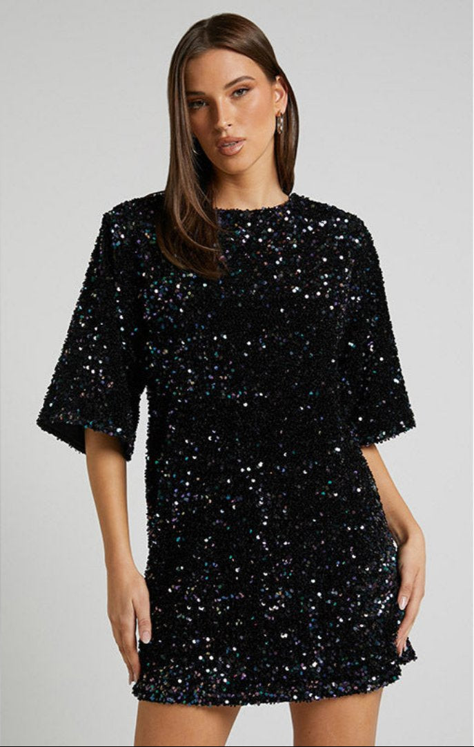 Women's Sequin Mini Dress - Sparkly Bodycon Party Dress with Lining