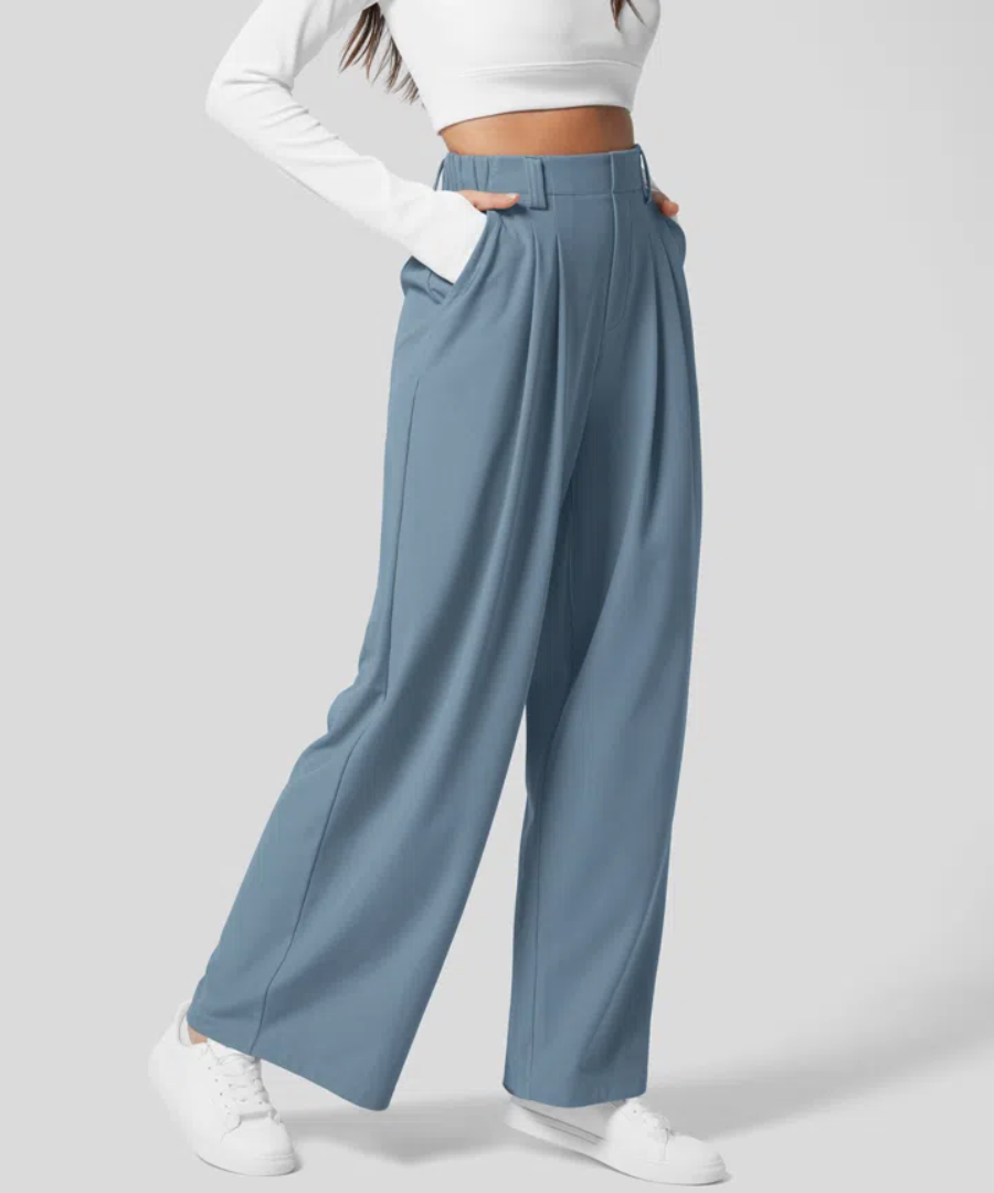 Ladies High Waist Elastic Trousers – Plain Casual Trousers for Daily Wear