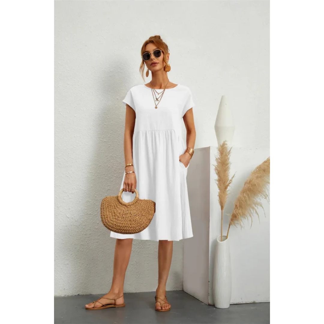 Cap Sleeve A-Line Midi Dress with Pockets Chic Dress