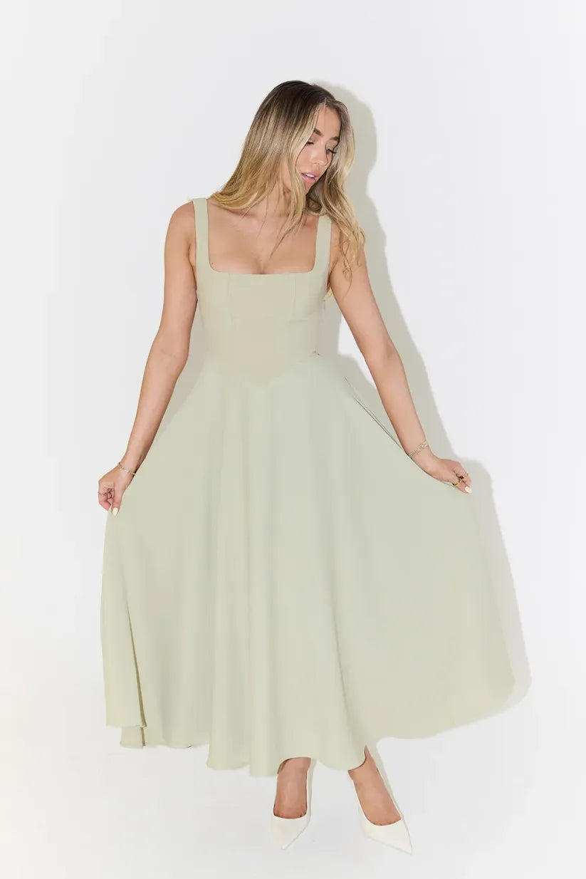 Midi Dress with Square Neckline and High Waist