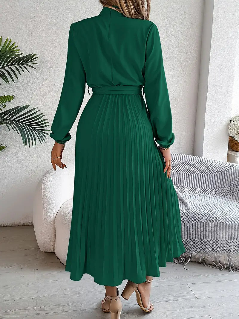 Women’s Pleated Midi Dress with Long Sleeves and Waist Belt
