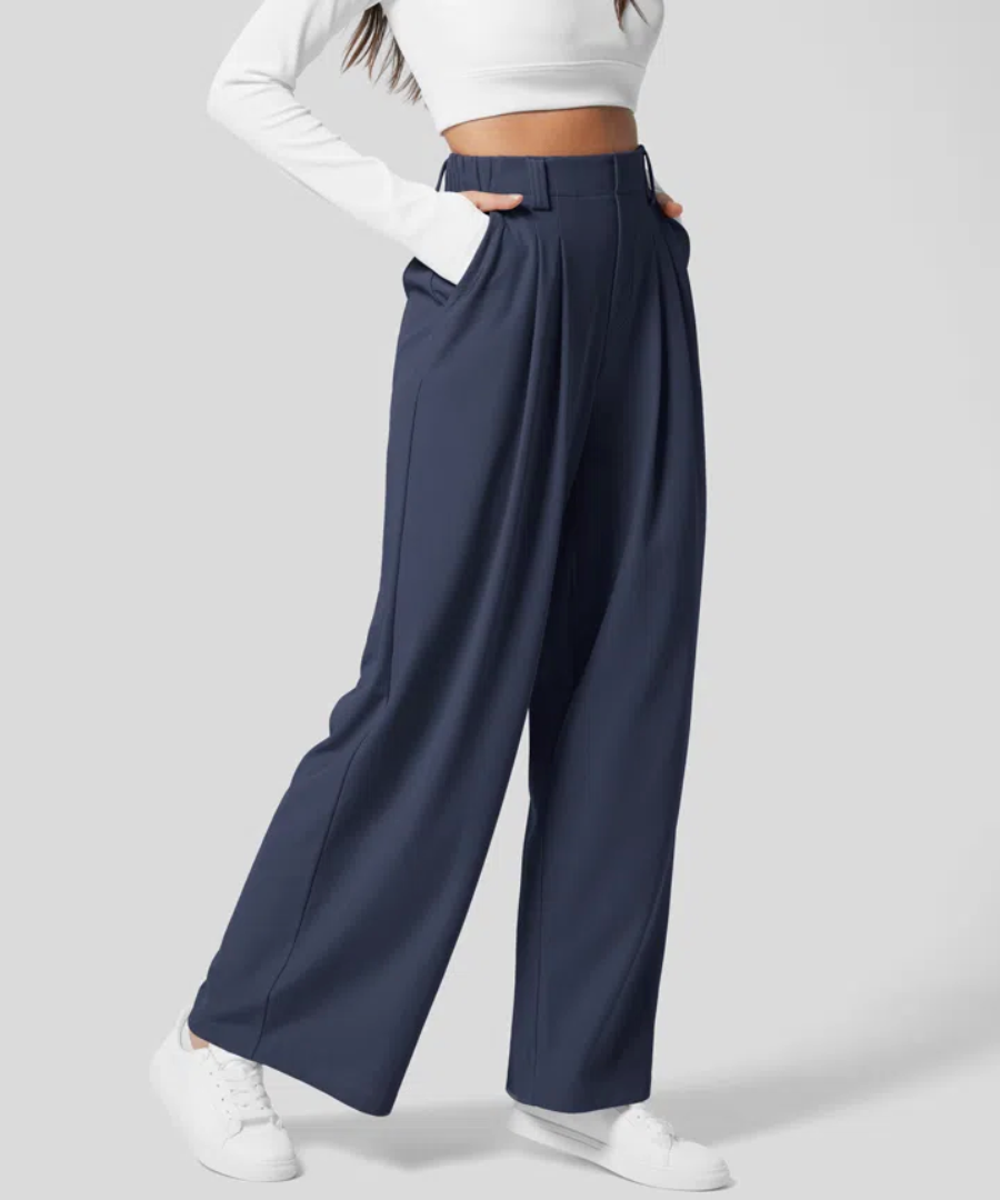 Ladies High Waist Elastic Trousers – Plain Casual Trousers for Daily Wear
