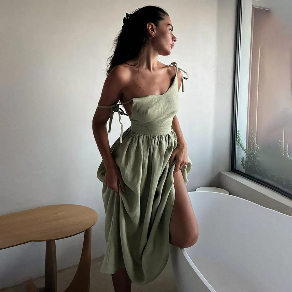 Women's Linen-Blend Tie-Shoulder Midi Dress