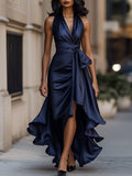 V-Neck Ruched Satin Maxi Gown for Women