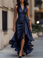 V-Neck Ruched Satin Maxi Gown for Women