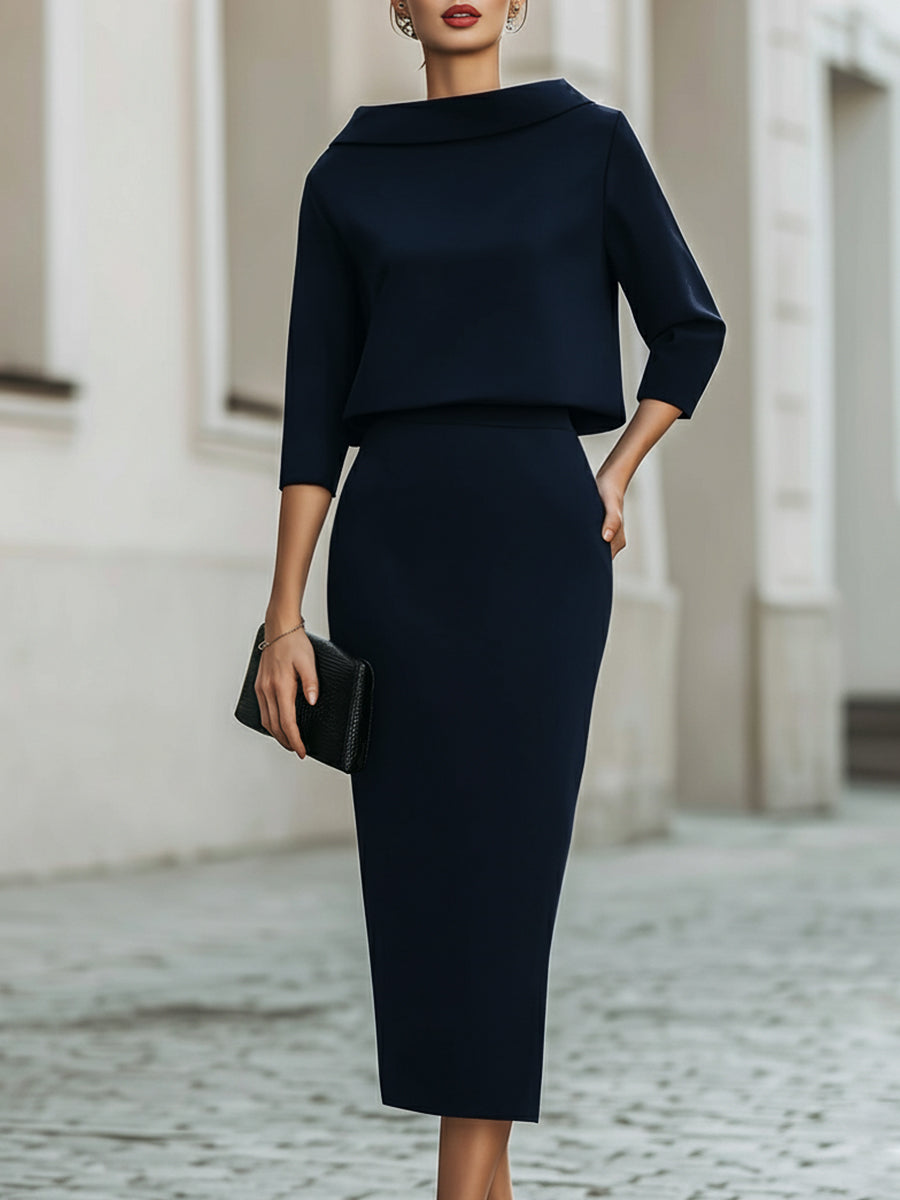 Women's Tailored Set – Top with Boat Neck and Midi Skirt for Casual Use