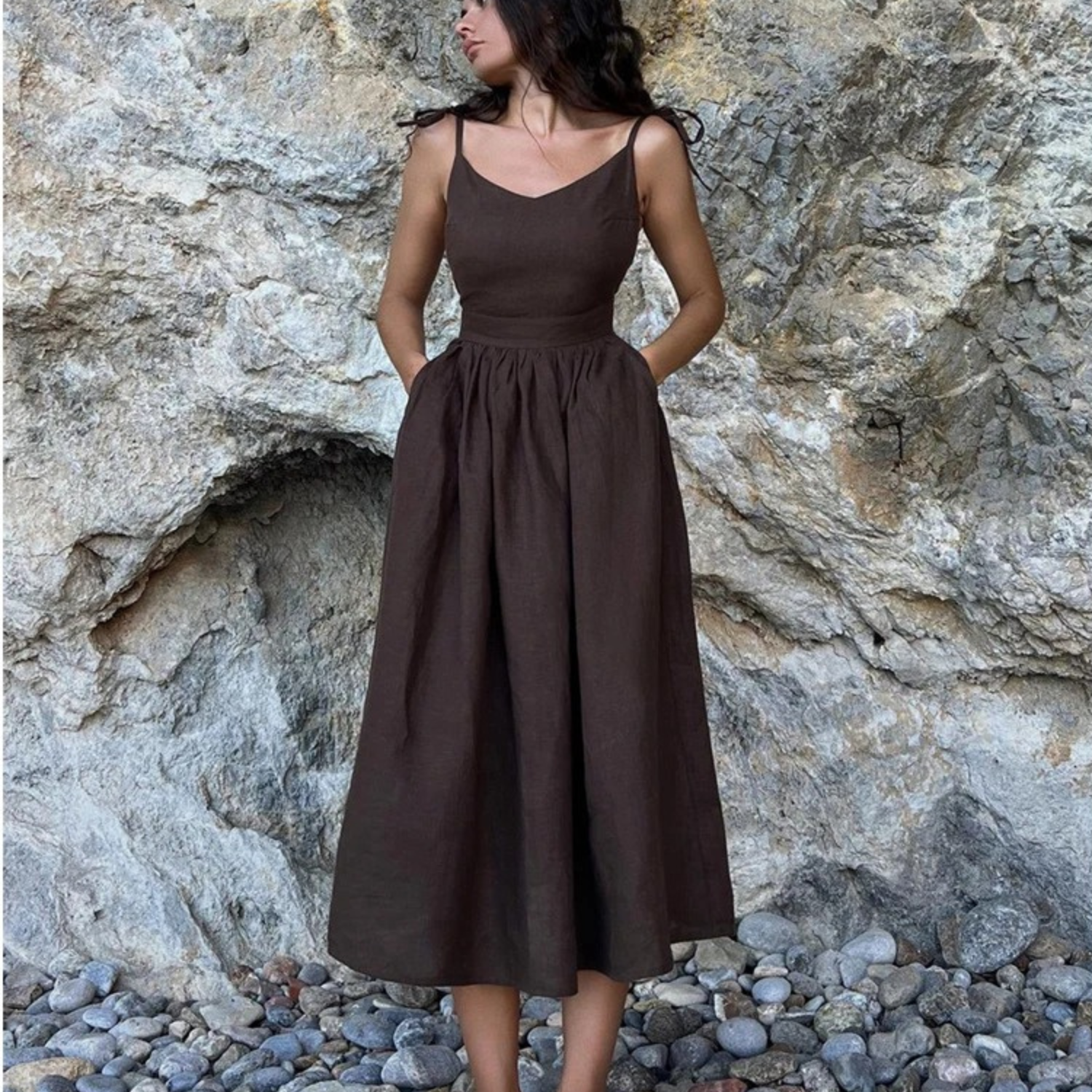 Women's Linen-Blend Tie-Shoulder Midi Dress