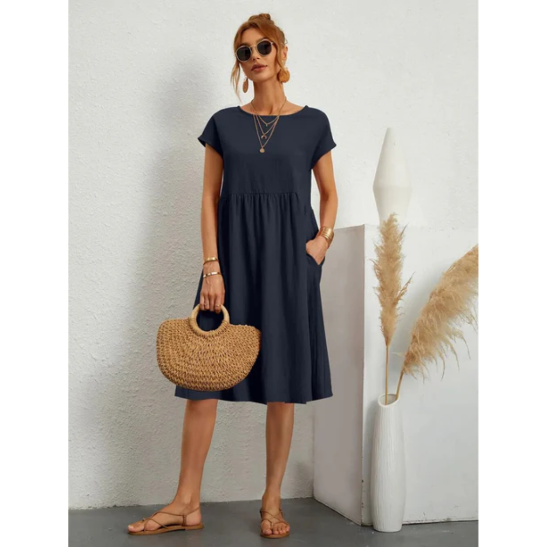 Cap Sleeve A-Line Midi Dress with Pockets Chic Dress
