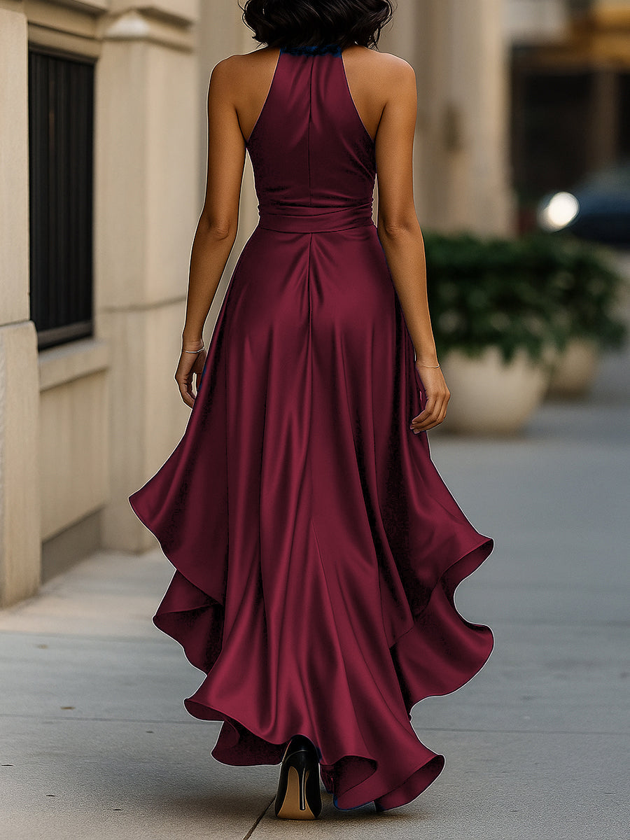 V-Neck Ruched Satin Maxi Gown for Women