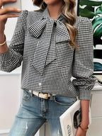 Women's Checked Tie-Neck Blouse
