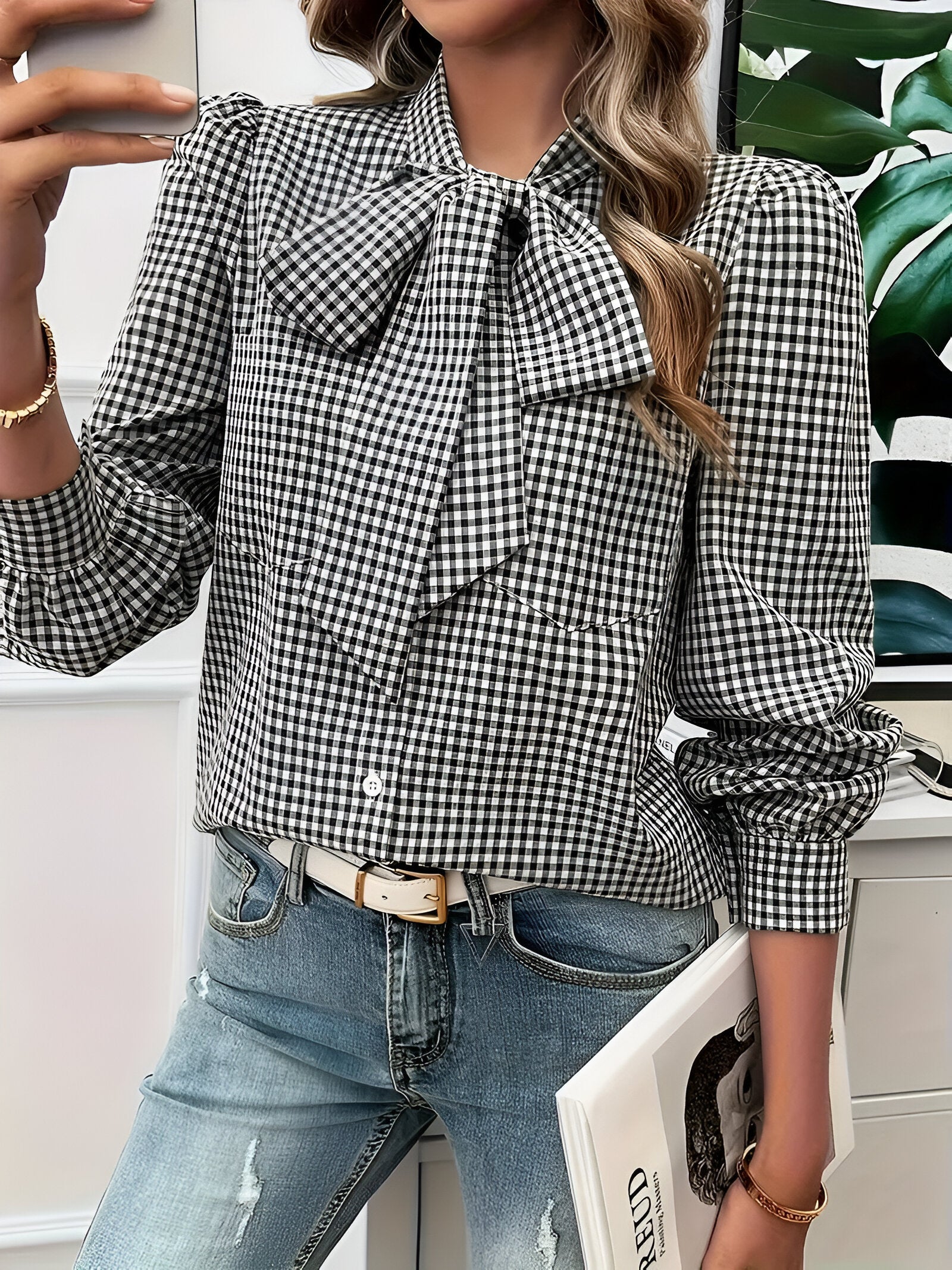 Women's Checked Tie-Neck Blouse