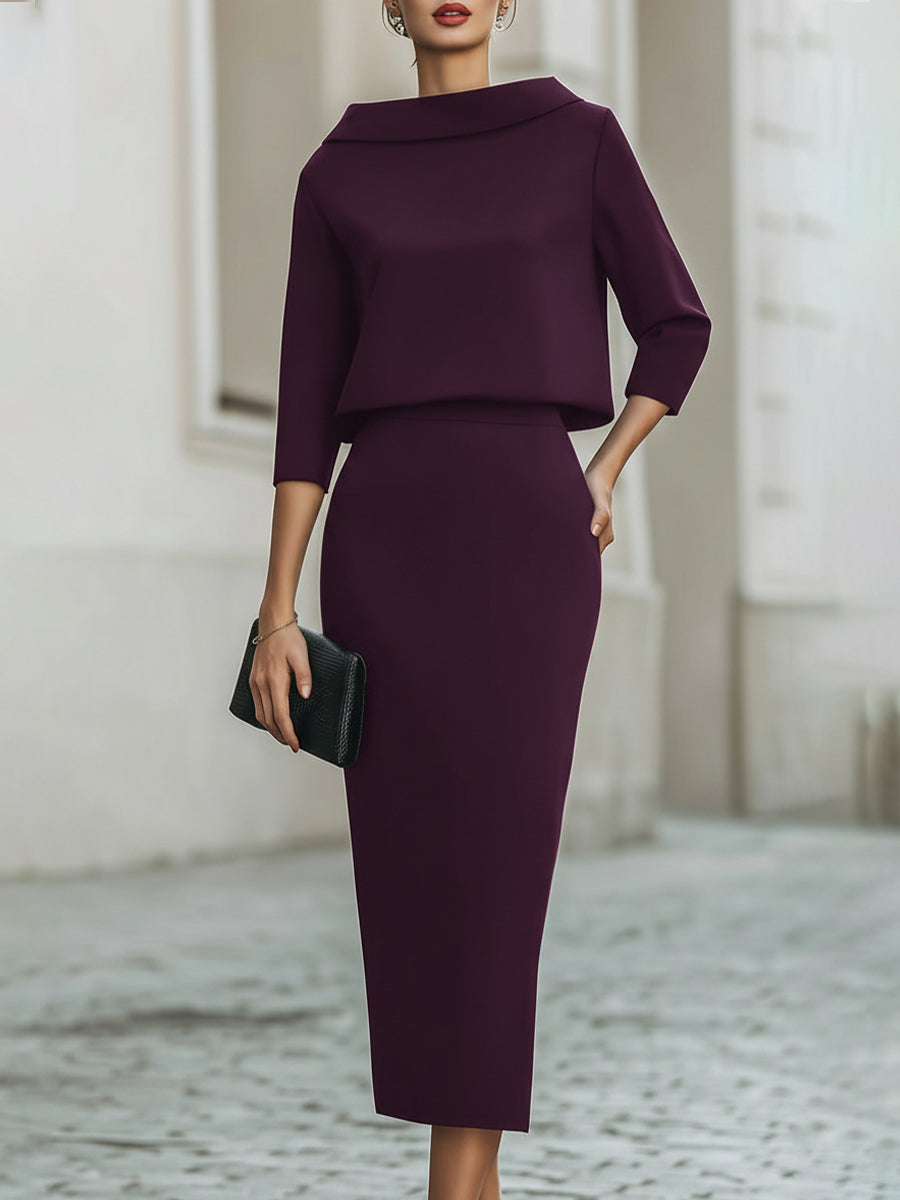 Women's Tailored Set – Top with Boat Neck and Midi Skirt for Casual Use