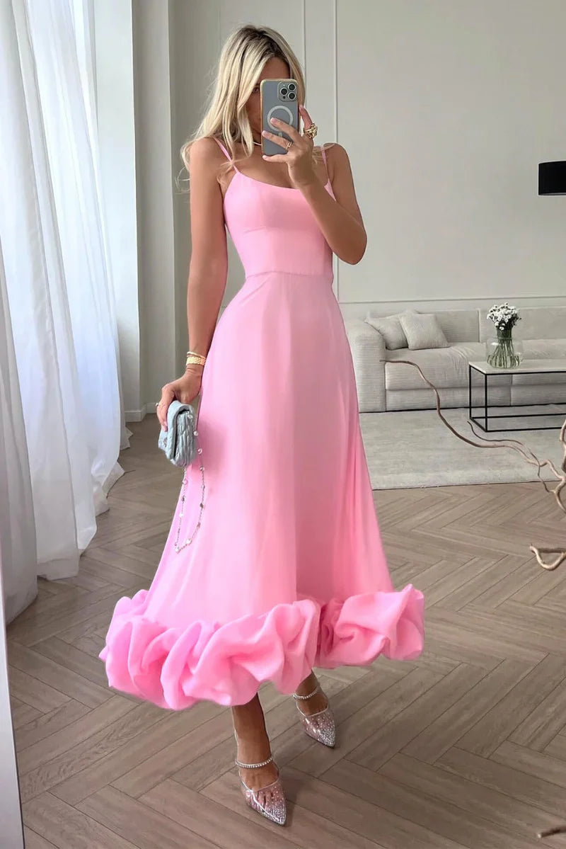 Women’s Spaghetti Strap Maxi Dress with Flared Skirt and Ruffle Hem