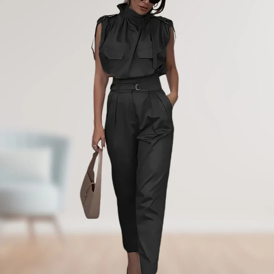 Women’s Two Piece Suit Set with Belted Waist and Matching Pants