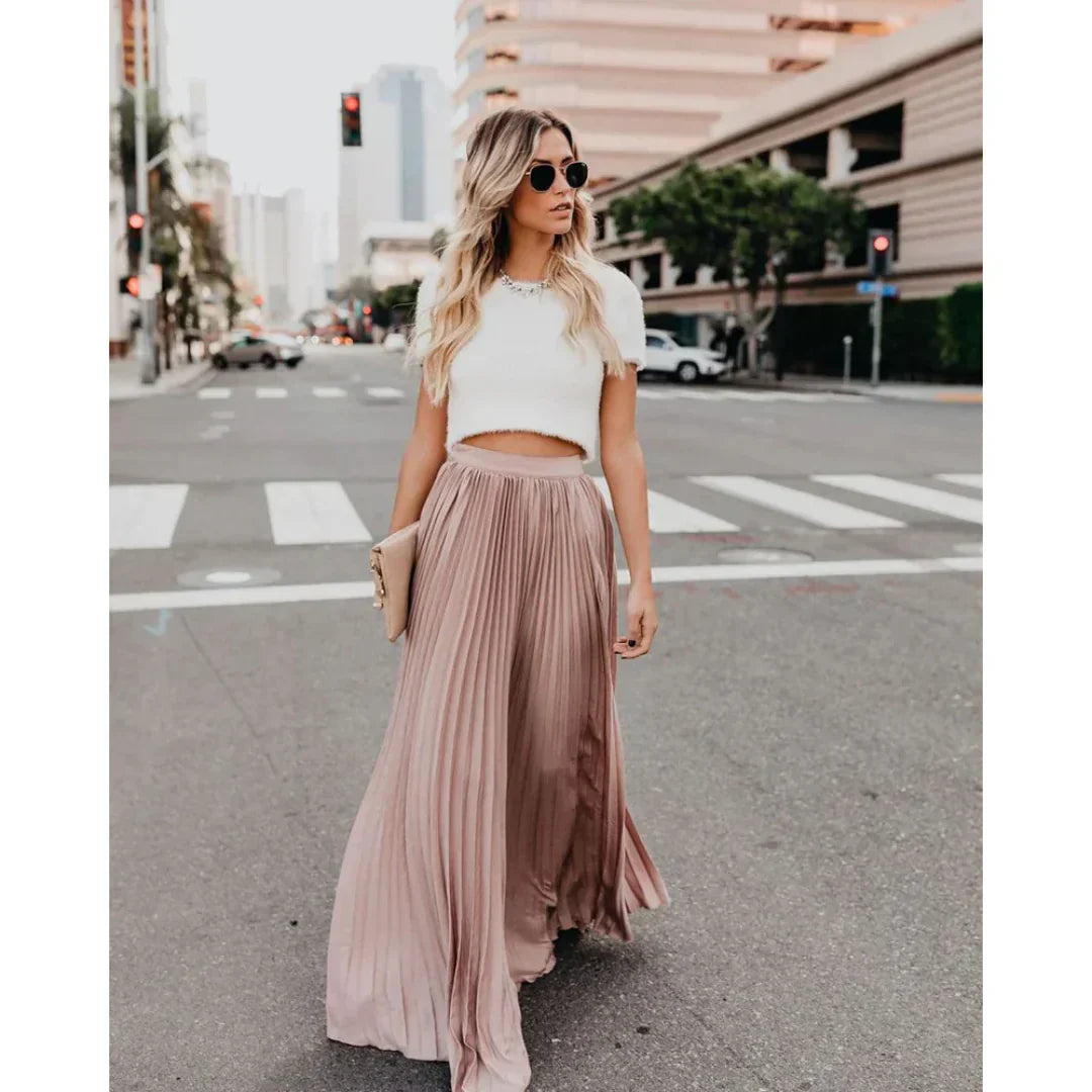 Women’s Pleated Maxi Skirt with Flowy Long Length