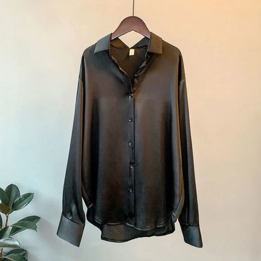 Women’s Button Down Satin Blouse with Loose Fit Design
