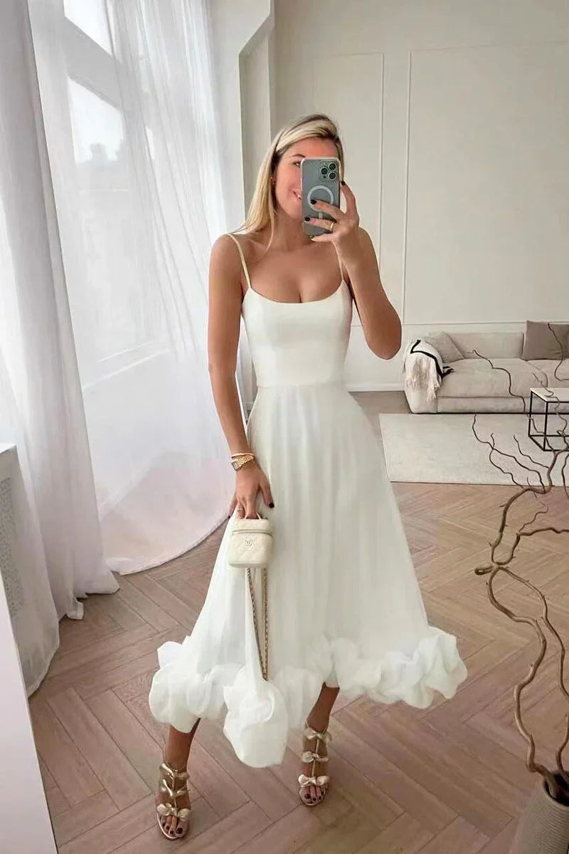 Women’s Spaghetti Strap Maxi Dress with Flared Skirt and Ruffle Hem