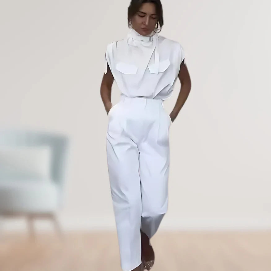 Women’s Two Piece Suit Set with Belted Waist and Matching Pants