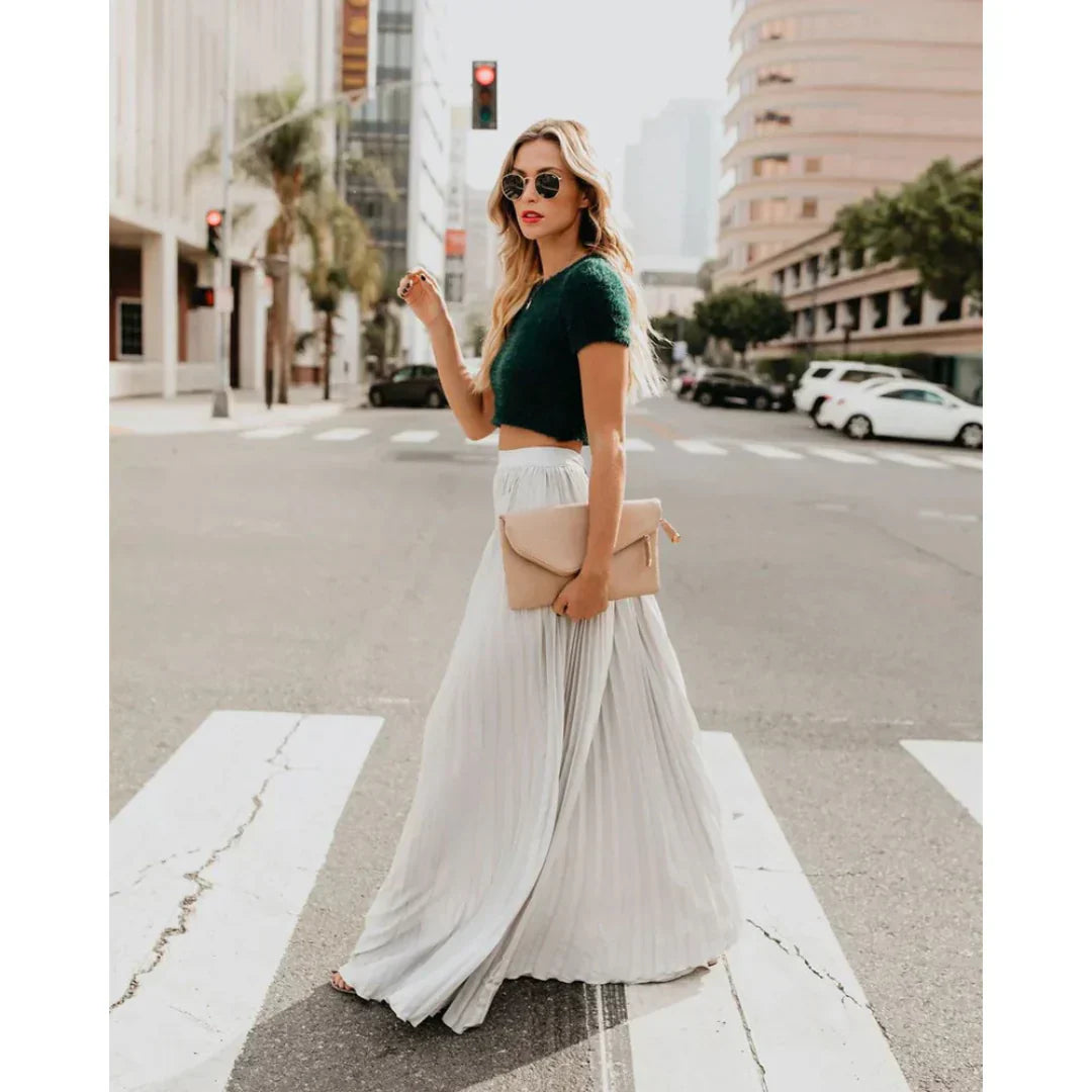 Women’s Pleated Maxi Skirt with Flowy Long Length